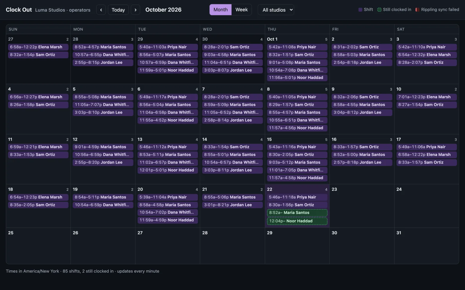 The managers' calendar: a month of shifts across three locations, each day listing who clocked in and out and when, with the shifts still open highlighted.